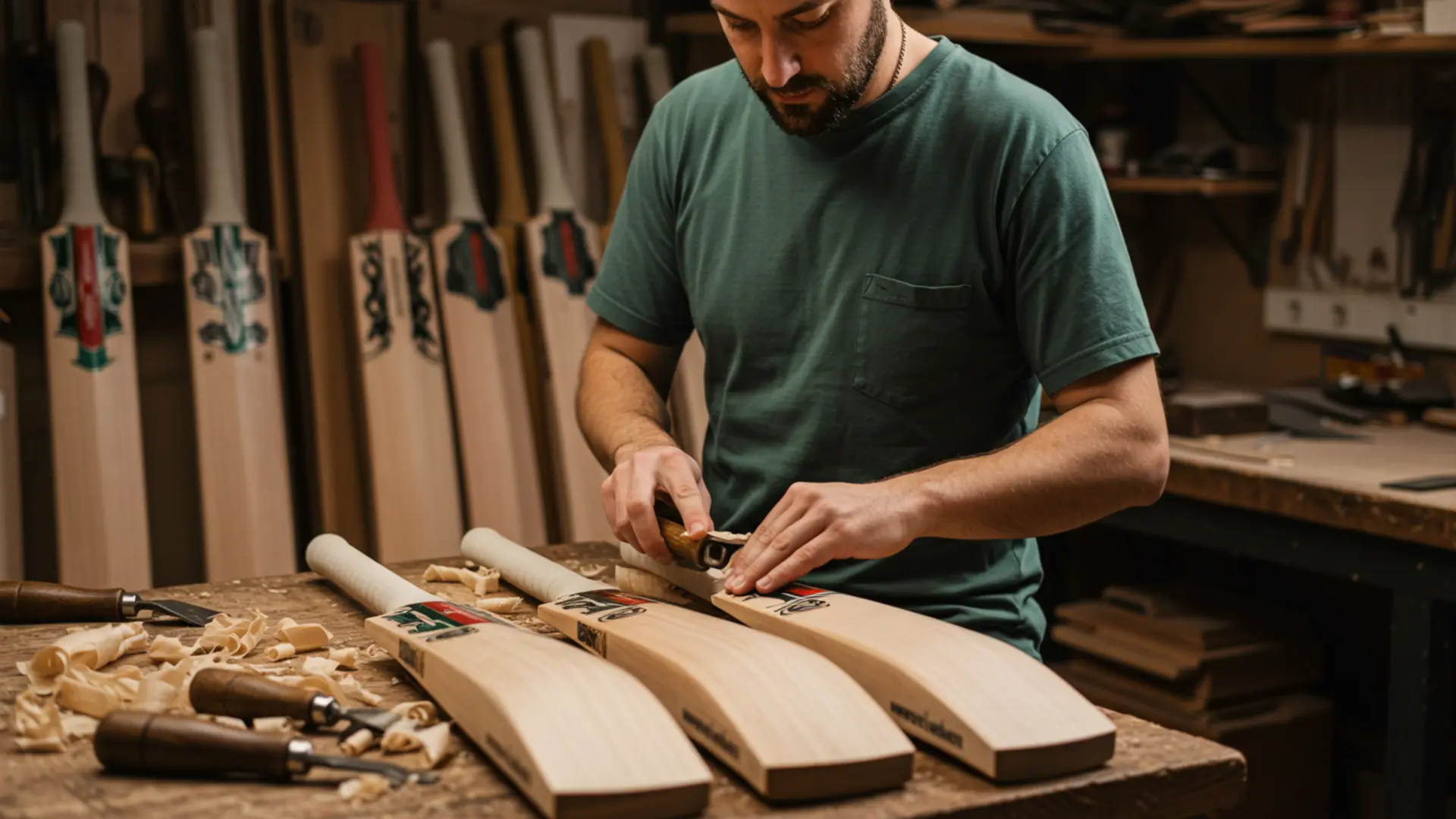A skilled craftsman shaping an English Willow cricket bat in a Sialkot workshop, using traditional tools for precise finishing