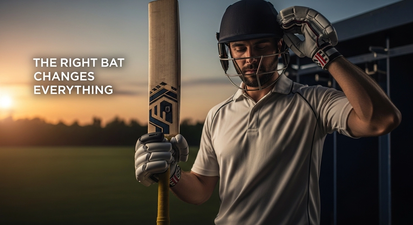 Cricketer holding an English willow bat with confidence after a match, sunset in the background.